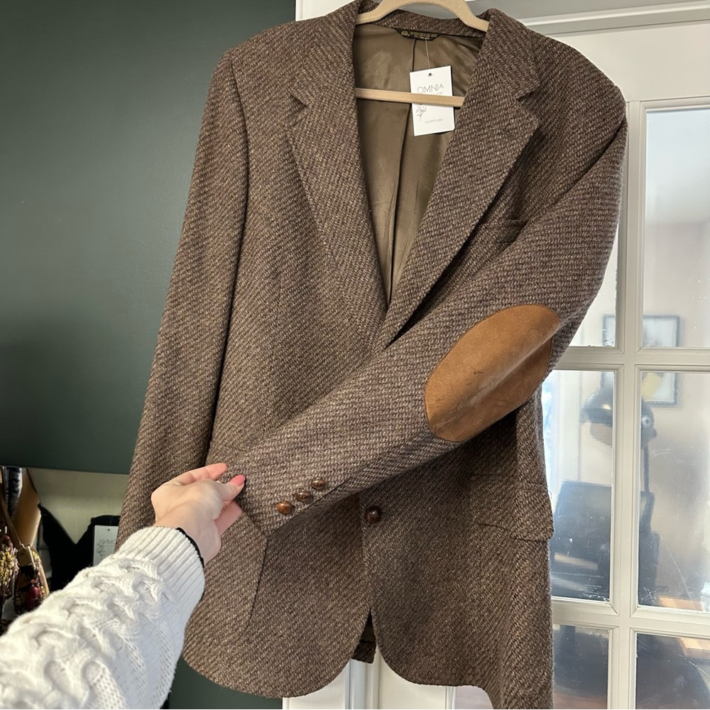 Vintage • Wool Elbow Patch and leather button blazer jacket